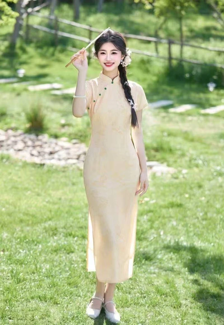 2025新款上新夏季短袖少女双层网纱黄色绿色双色新中式旗袍