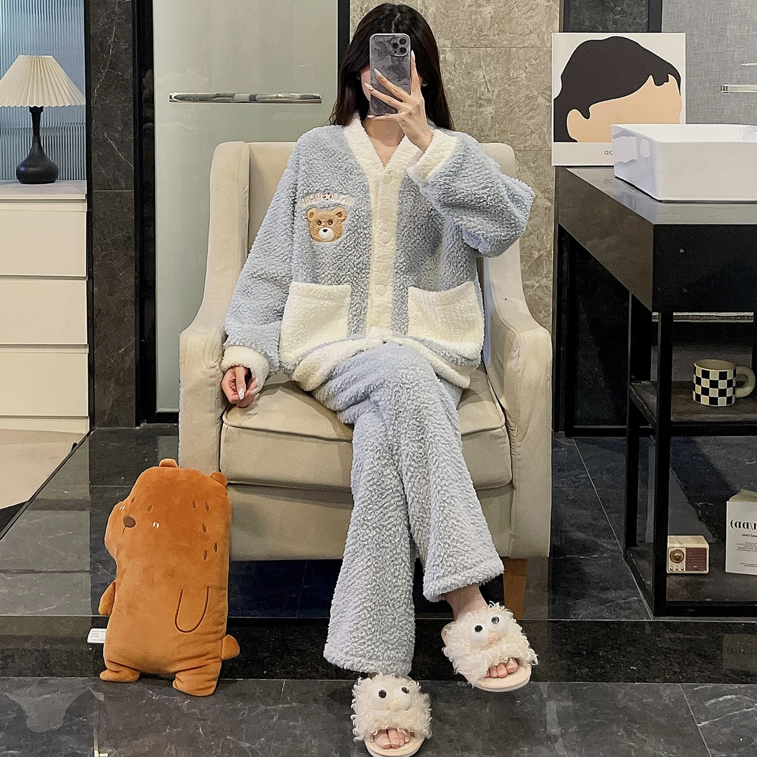 睡衣女秋冬季仿半边绒大码加厚珊瑚绒2025新款小熊家居服保暖套装
