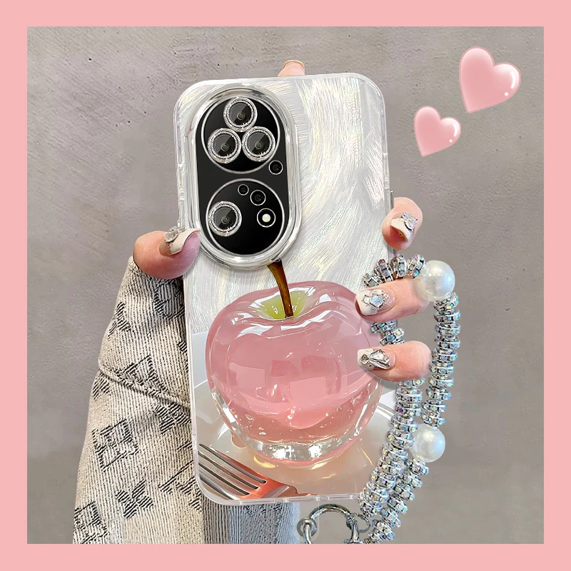 适用于华为p50pro水晶苹果精孔羽纱女手机壳通用可爱