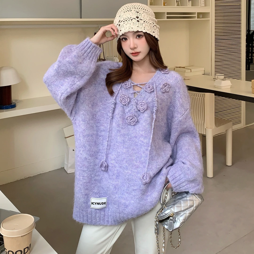 ICYNUDE 紫色花朵宽松毛衣时尚套头慵懒针织上衣女春秋新款