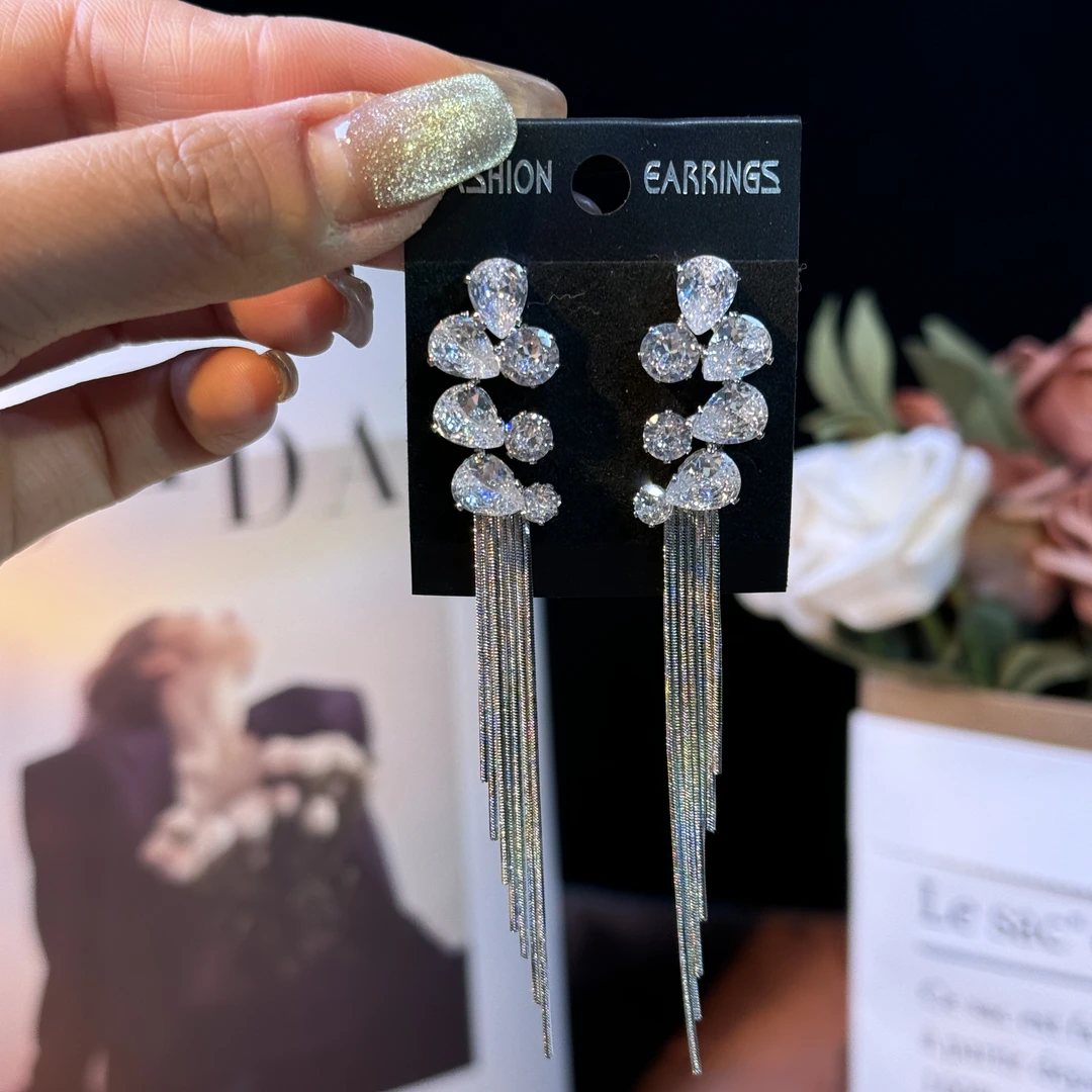 铜合金耳饰 安情】气质轻奢百搭长款流苏耳环优雅锆石奢华超闪耳钉