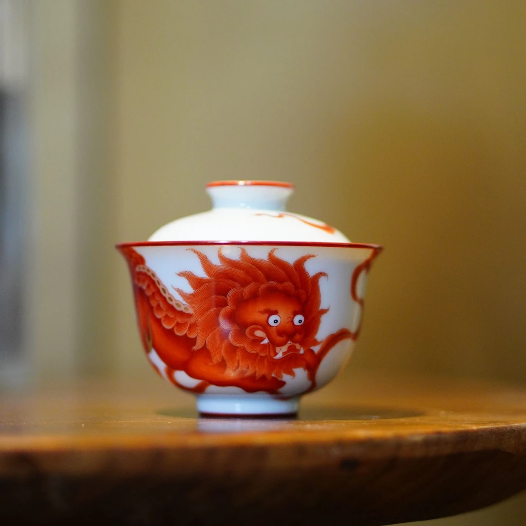 景德镇 矾红 双师绣球 盖碗 陶瓷 手绘