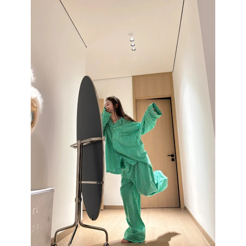 韩系慵懒可爱条纹秋季设计感小众睡衣女长袖长裤家居服套装可外穿