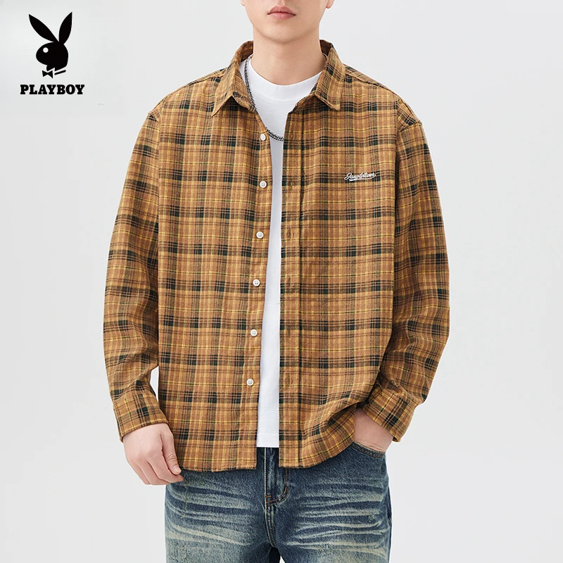 花花公子【入秋的第一件衬衫】日系复古格子衬衫男潮流百搭宽松休闲