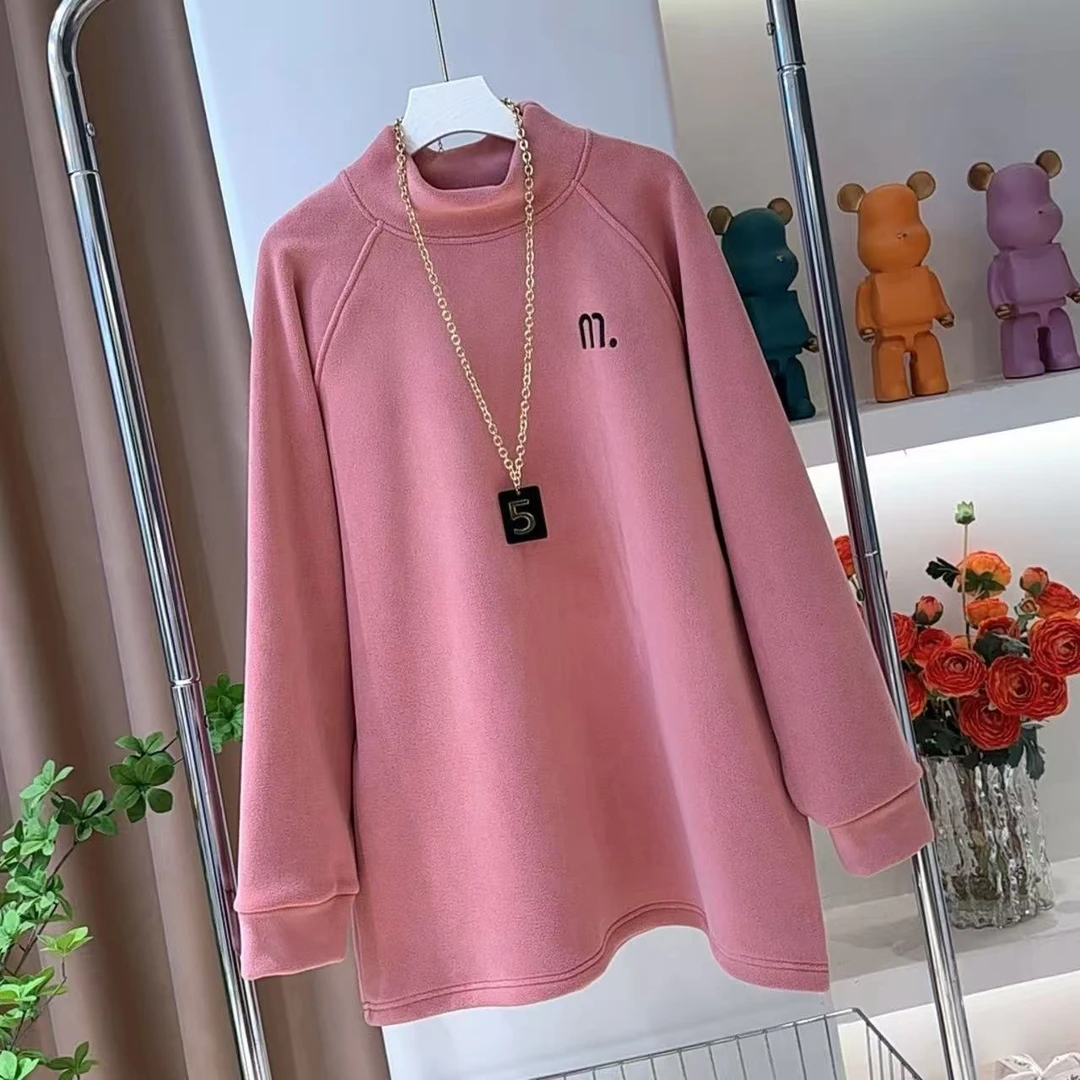 大码胖mm高级感保暖中长款T恤女长袖冬立领遮屁股打底衫潮