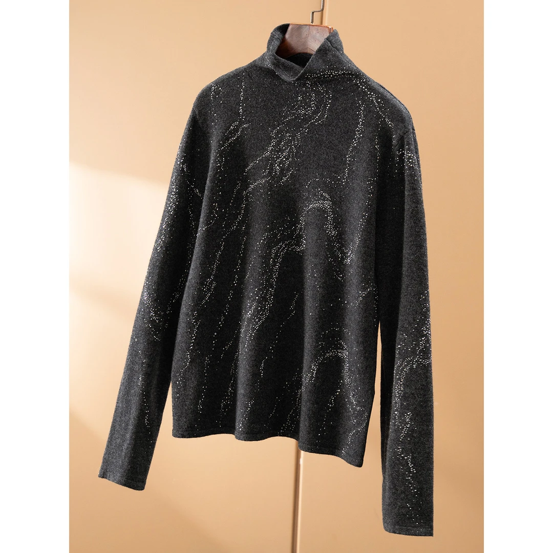 春天家 细闪精致出众 法柜100羊毛重工烫钻高领毛衣女24J3