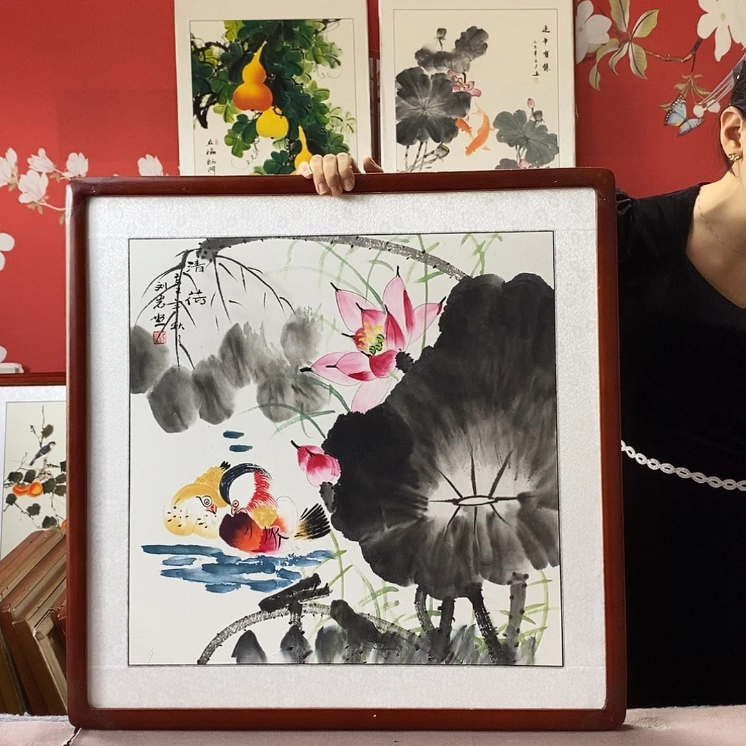 国画手写手绘国画作品带框包邮62✖️62
