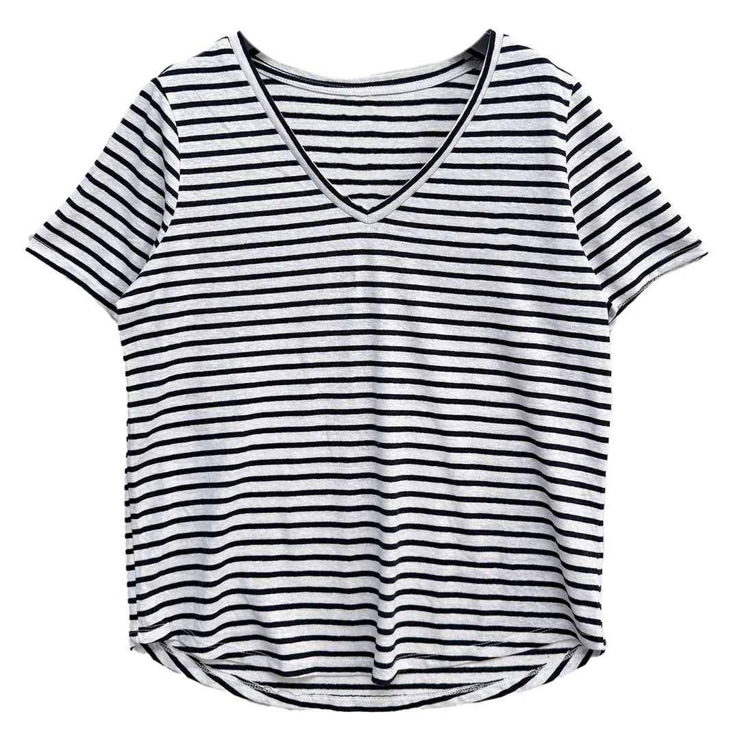 短袖上衣舒适百搭潮流条纹休闲风气质亚麻#6918