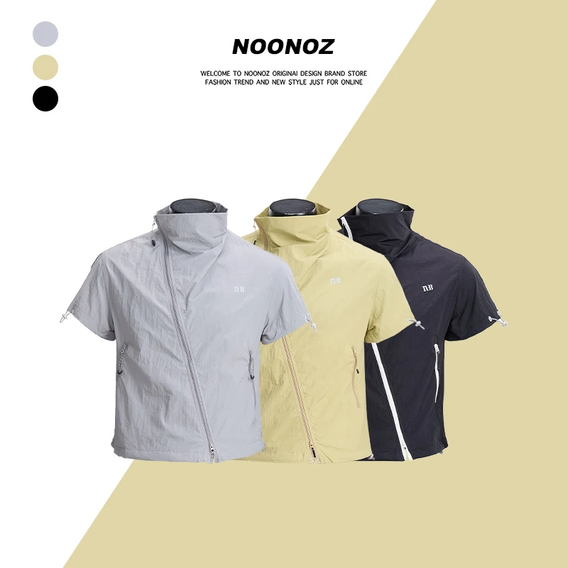 NOONOZ日系户外机能风速干工装短袖衬衫男透气运动斜拉链薄款外套