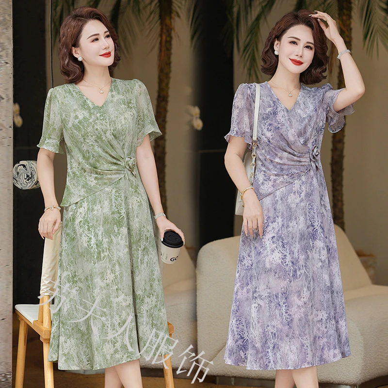 时尚中年妈妈夏装短袖连衣裙中老年女装夏季洋气减龄裙子2025新款