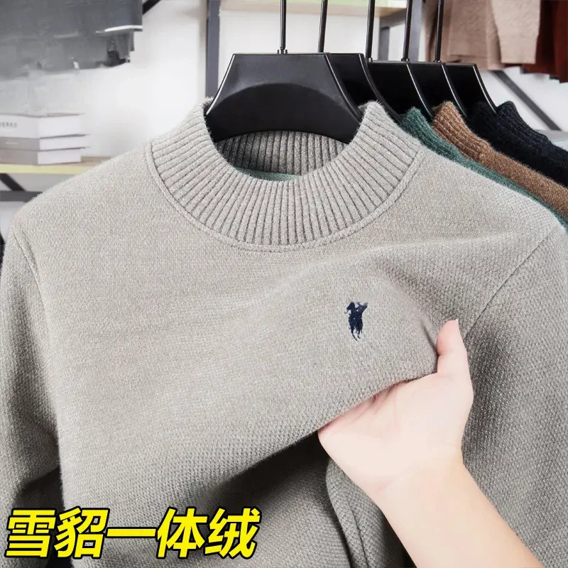 雪貂一体绒半高领毛衣男士冬季加绒加厚冬季新款保暖针织打底衫