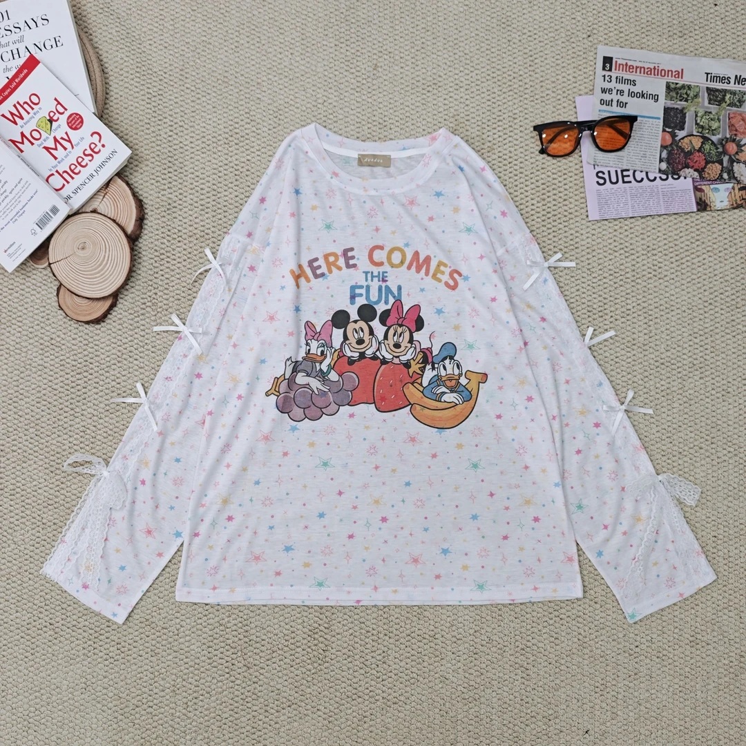 2025夏季新款宽松卡通印花蝴蝶结蕾丝花边防晒长袖T恤2577