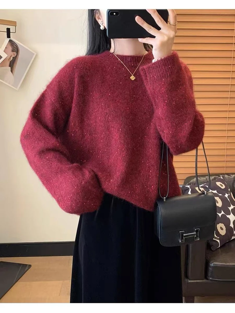 宽松套头慵懒风蓬松软糯小亮片落肩袖毛衣圆领针织长袖专属1