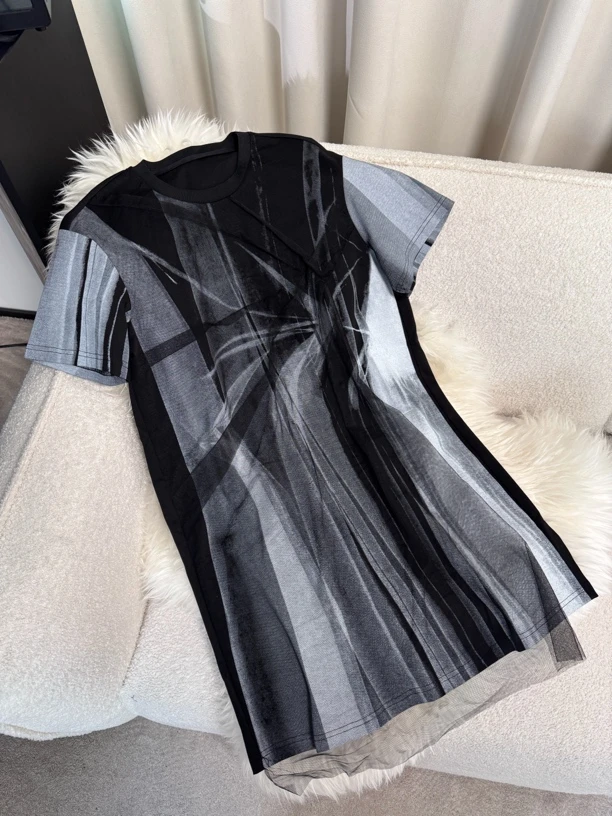 8596夏季双层网纱晕染印花设计感短袖连衣裙