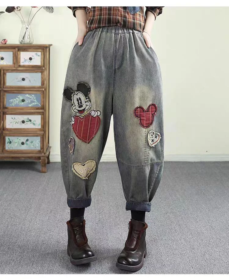2025春款九分宽松米奇卡通时尚休闲松紧腰水洗哈伦裤牛仔裤老爹裤