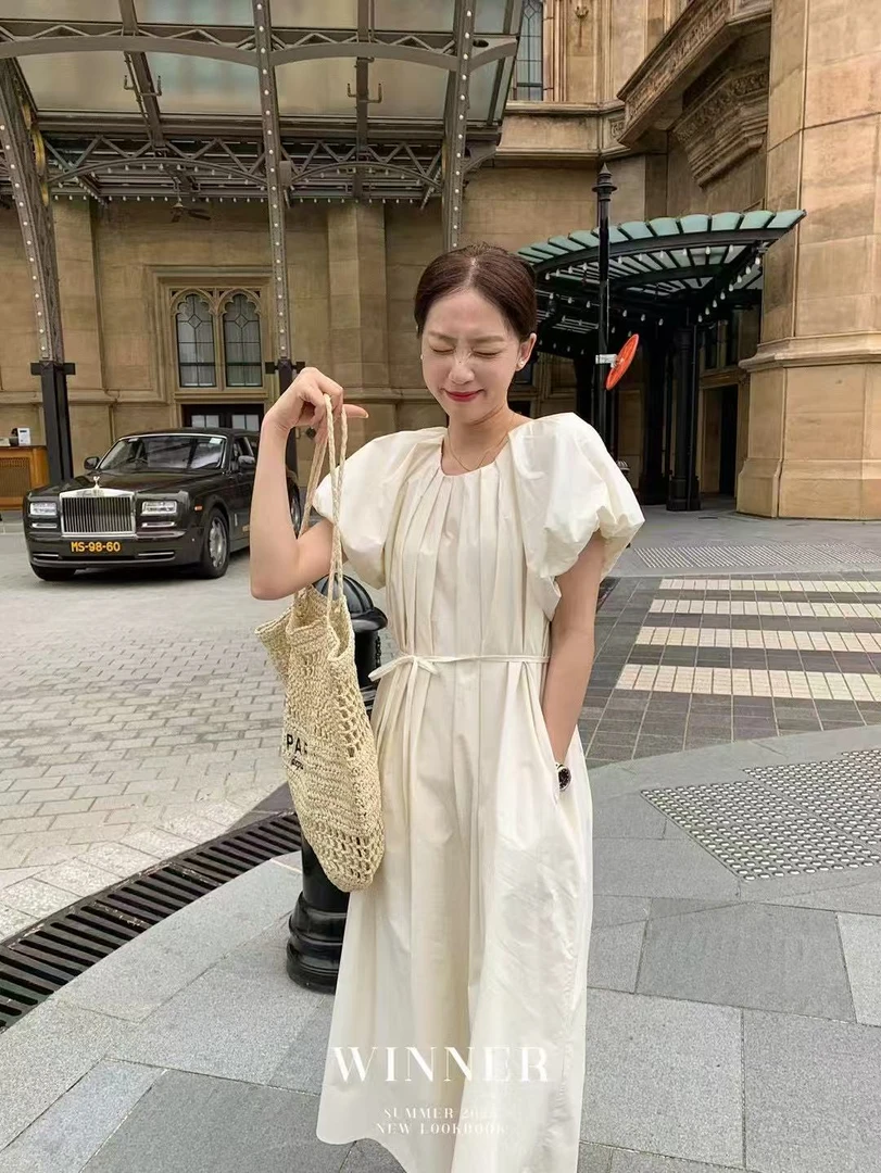 韩版设计感褶皱短袖连衣裙6836  裙长118