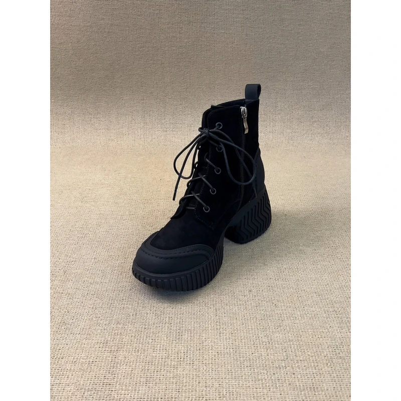 nnmiss·34-40/8cm增高厚底小个子短靴复古圆头侧拉链系带马丁靴女