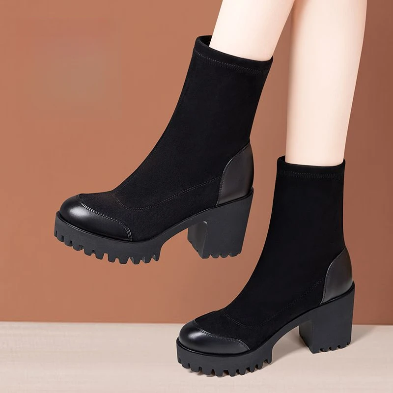 秋季加绒英伦风马丁靴粗跟圆头弹力布中筒靴高跟女显瘦百搭瘦瘦靴