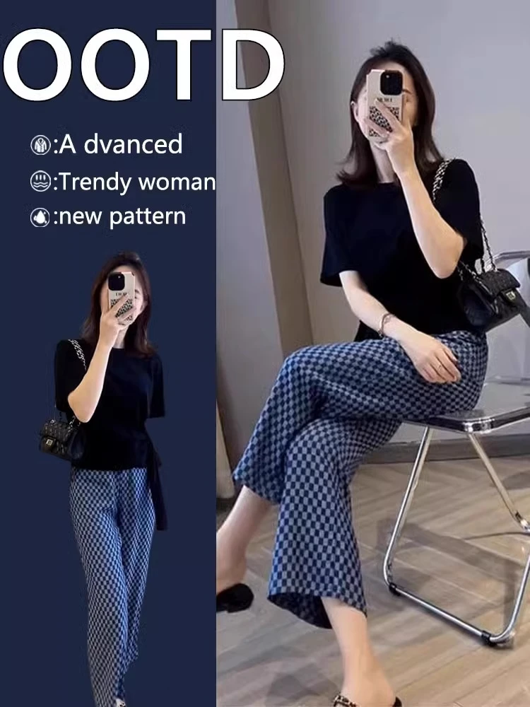 2025夏季搭配一整套微胖显瘦网红炸街减龄上衣休闲阔腿裤两件套装