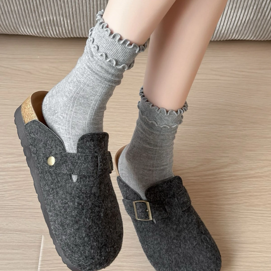 袜子女款中筒袜白色堆堆袜搭防臭抗菌配勃肯鞋无骨木耳边长袜