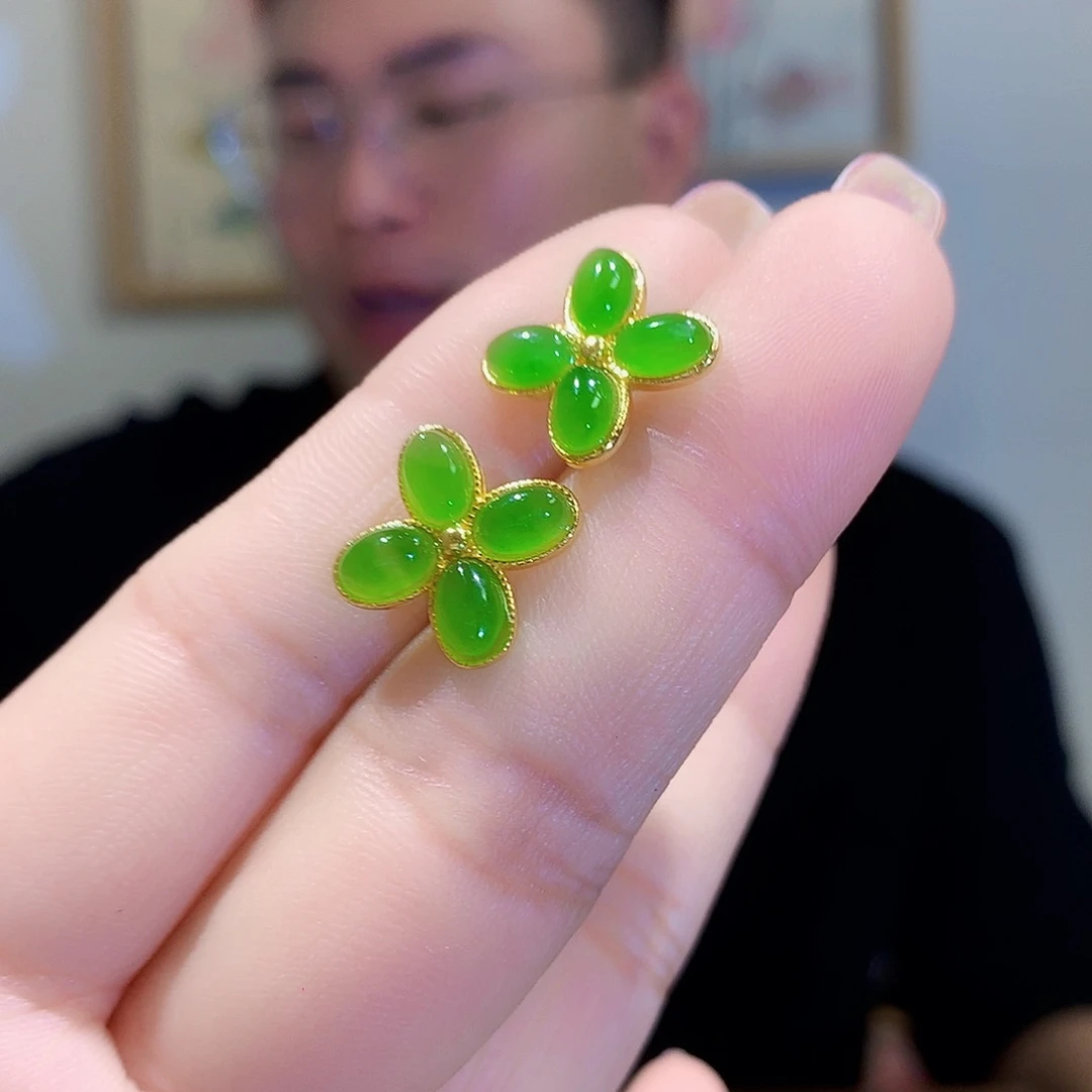 和田玉（碧玉）耳饰银S925镀金镶嵌