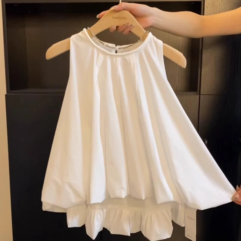 气质显瘦设计感无袖娃娃衫上衣白色爆款时尚露肩花苞衬衫女
