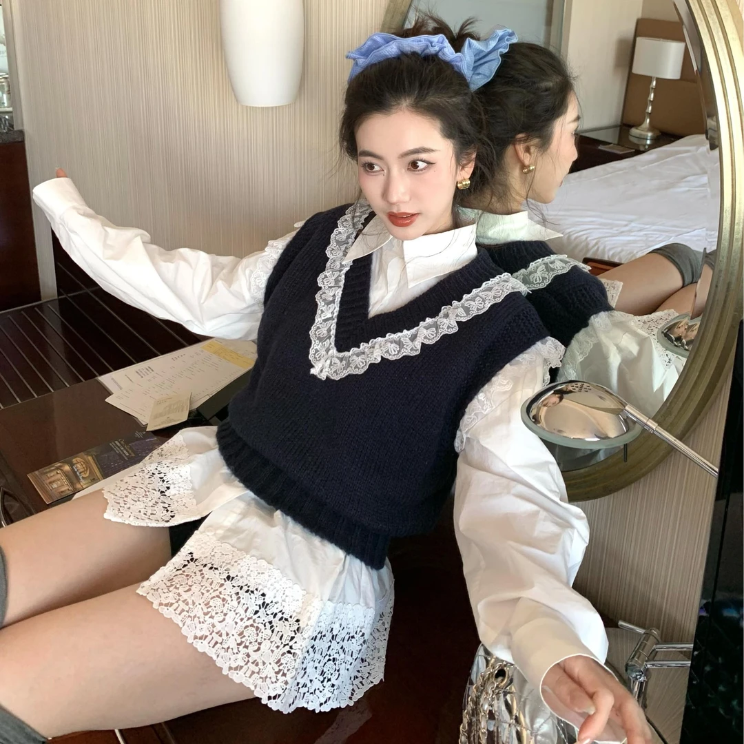 韩系拼接蕾丝白色长袖衬衫女秋冬高级感宽松衬衣打底别致洋气上衣