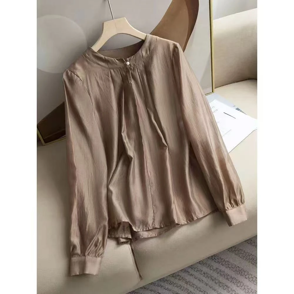 0721纯色不褪色成人春季轻熟风衬衫立领女装褶皱设计感