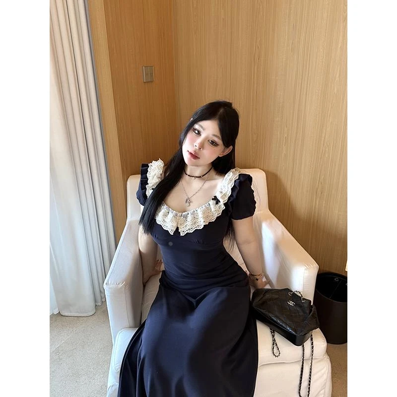 黑泽玄七洋装女2025夏季新款微胖mm大尺码收腰显瘦长短款方领裙子