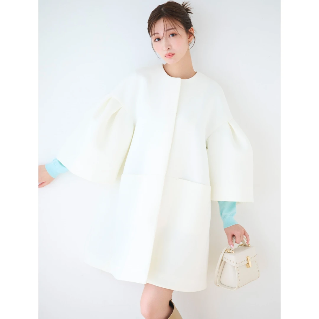 【胖虎家】春季新款 C 简约纯色泡泡袖气质百搭双面呢中长款外套