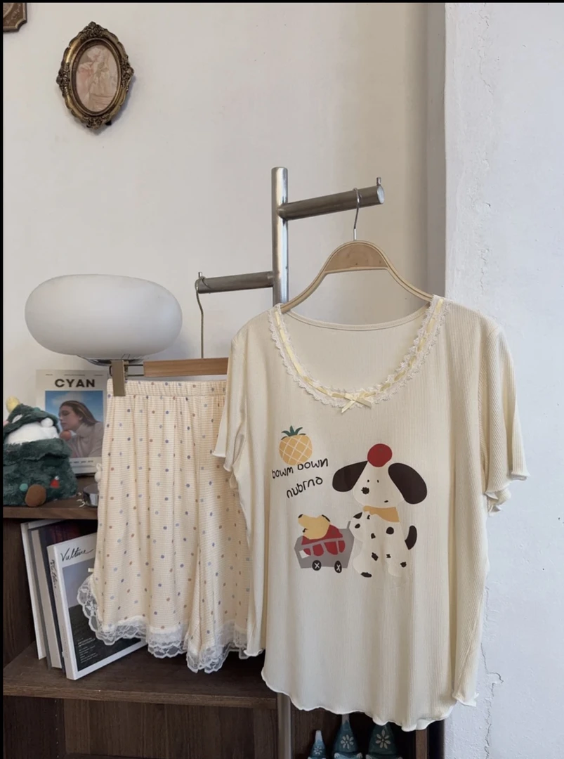 新款莫代尔睡衣带胸垫套装居家外出舒适薄款夏季少女印花韩版时尚