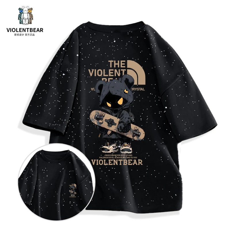 暴力熊短袖T恤纯棉圆领满天星半袖宽松男生潮流印花ins百搭情侣装