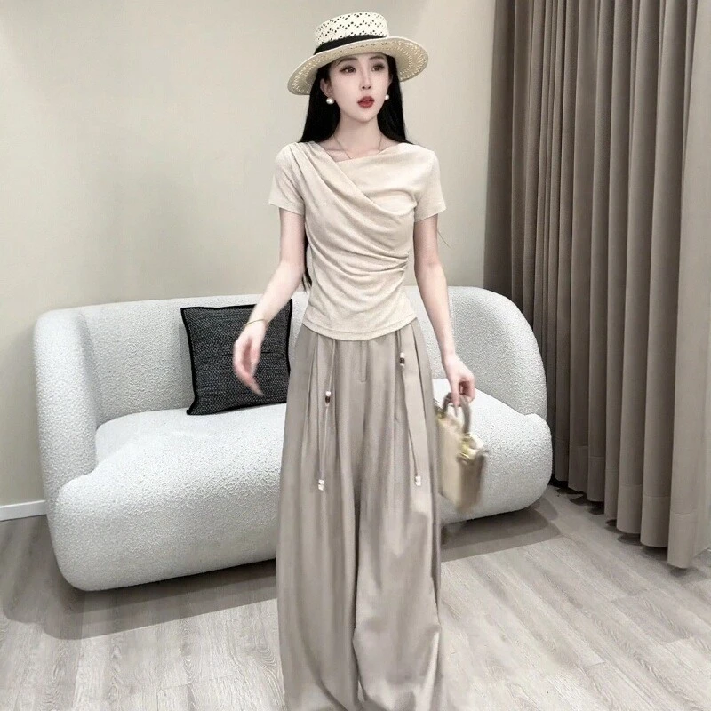 2025夏季新款法式高级感褶皱短袖上衣搭高腰显瘦阔腿裤两件套女