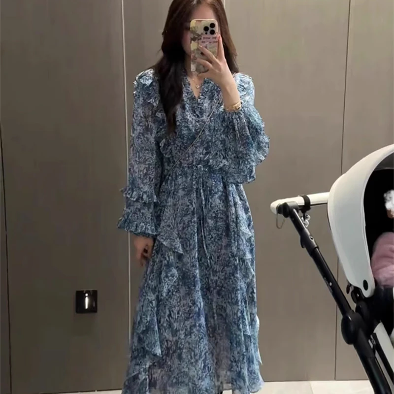 法式复古长裙2025春季新款修身显瘦韩版复古气质打底碎花连衣裙女