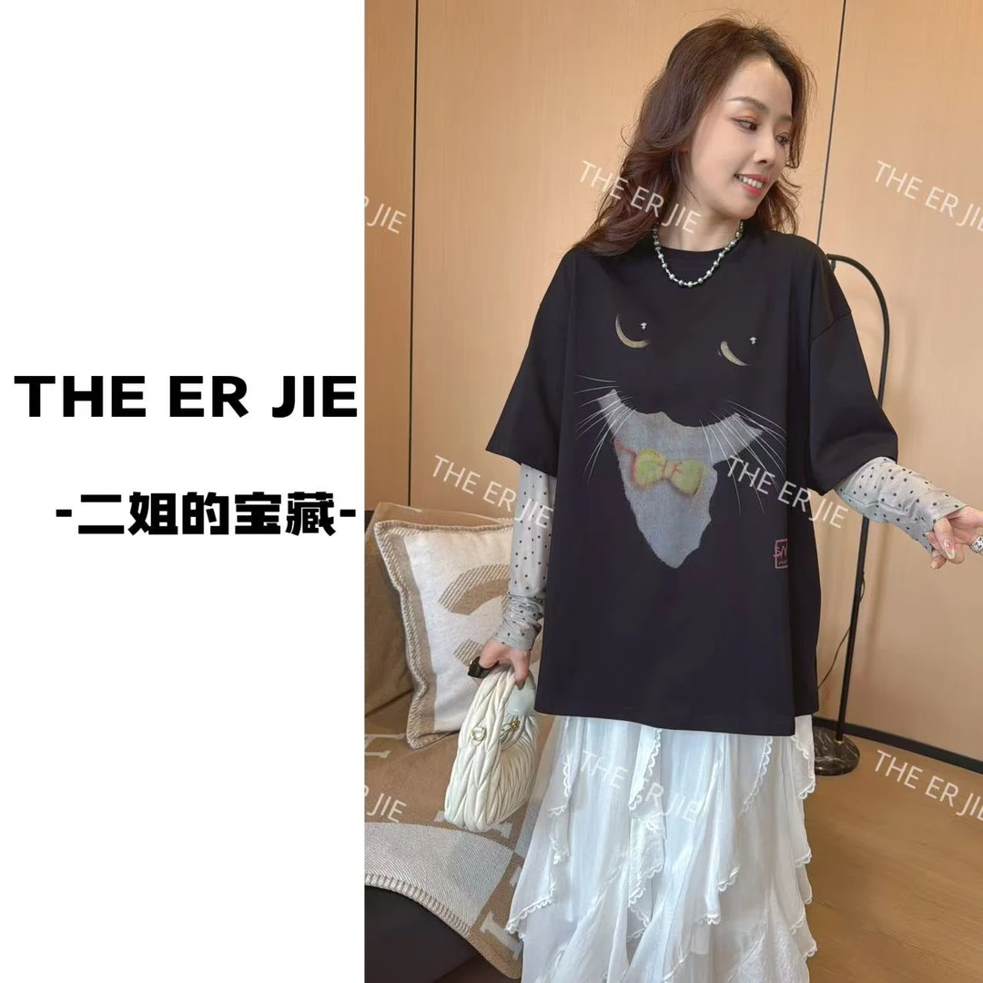 二姐的宝藏2025春款假两件波点手袖拼接休闲百搭猫咪T恤 #25057