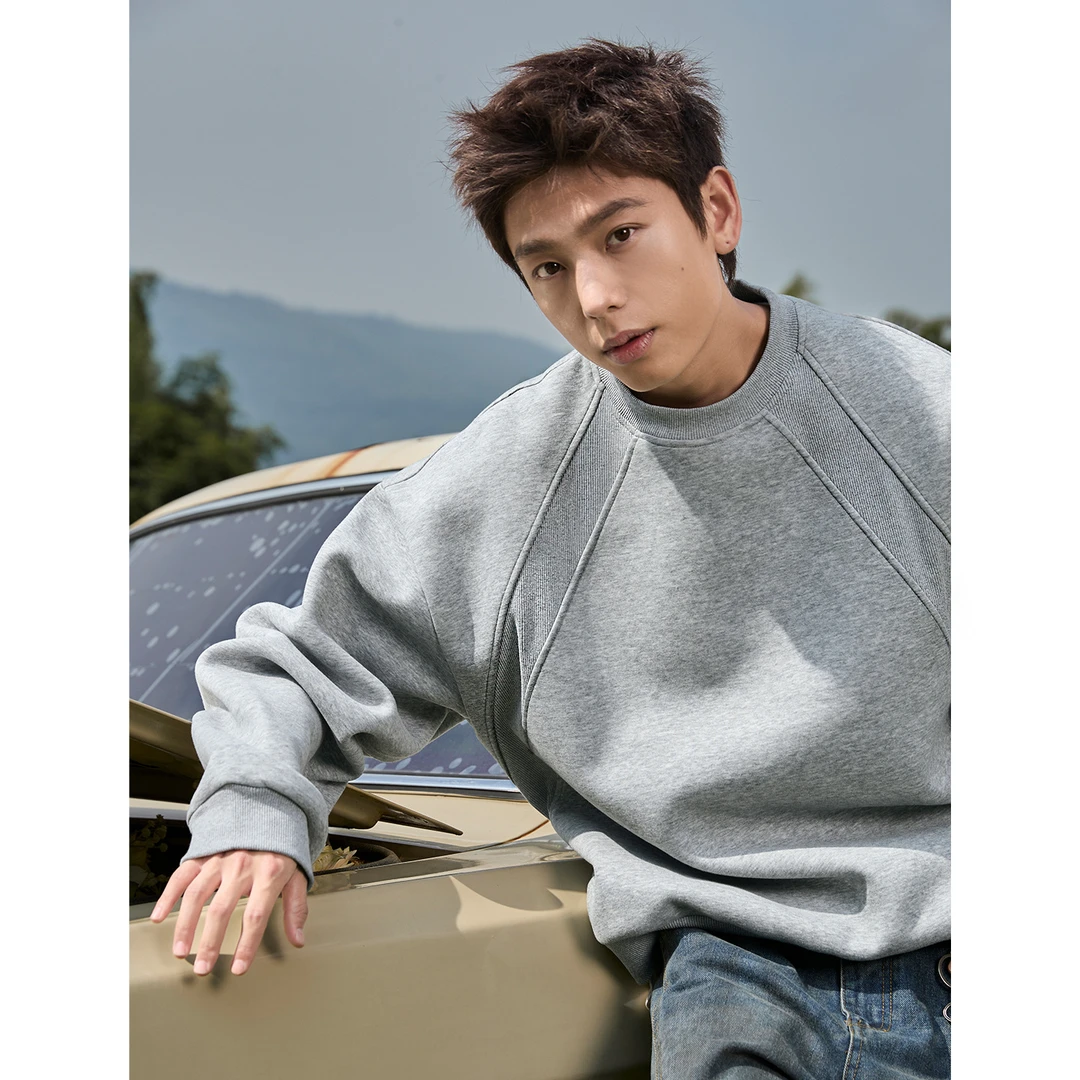 太空棉拼接重磅圆领卫衣男秋款潮牌运动boxy版廓形套头衫休闲外套