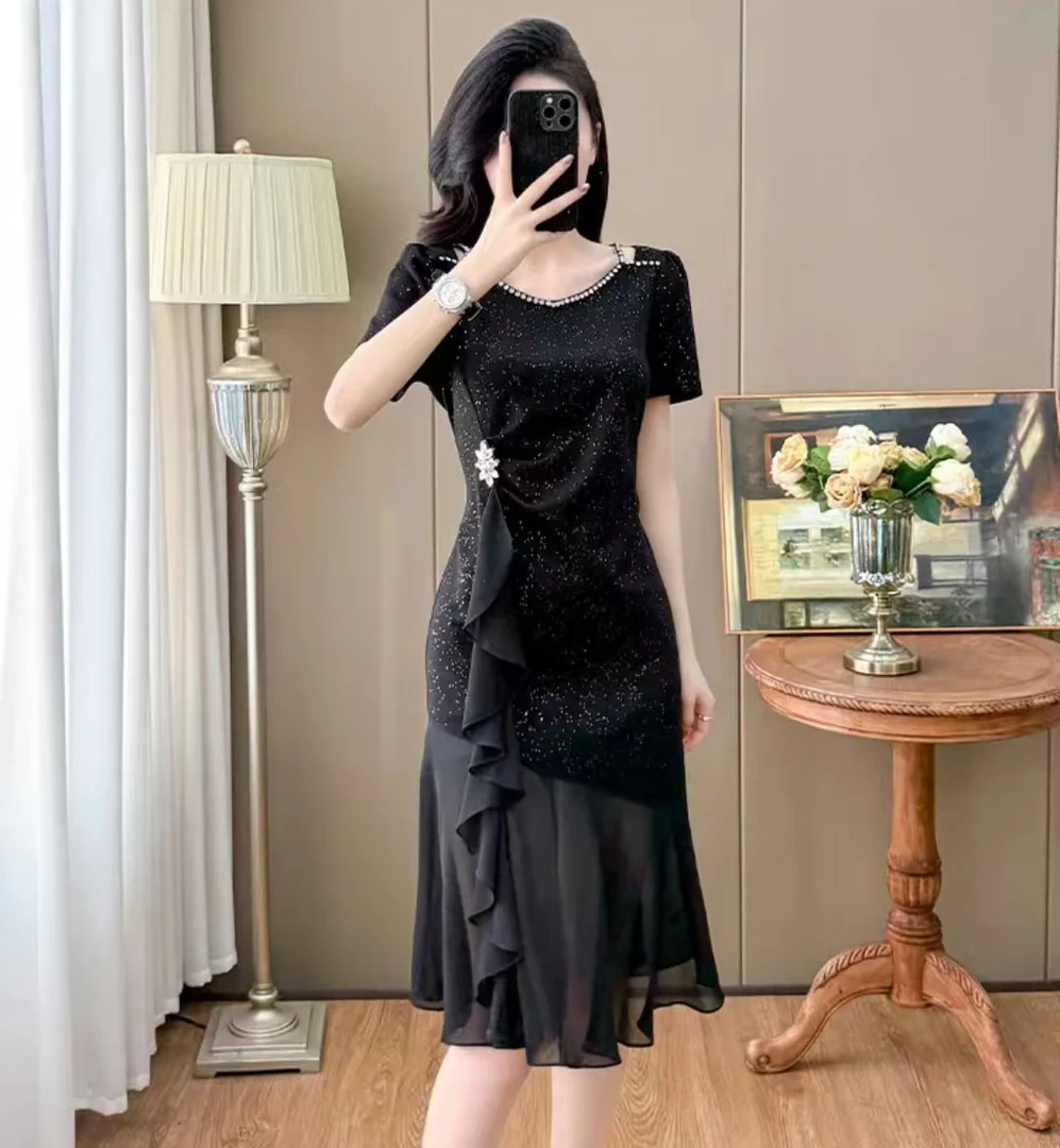 夏季黑色名媛显瘦轻奢时尚百搭大码法式设计师拼接气质优雅连衣裙