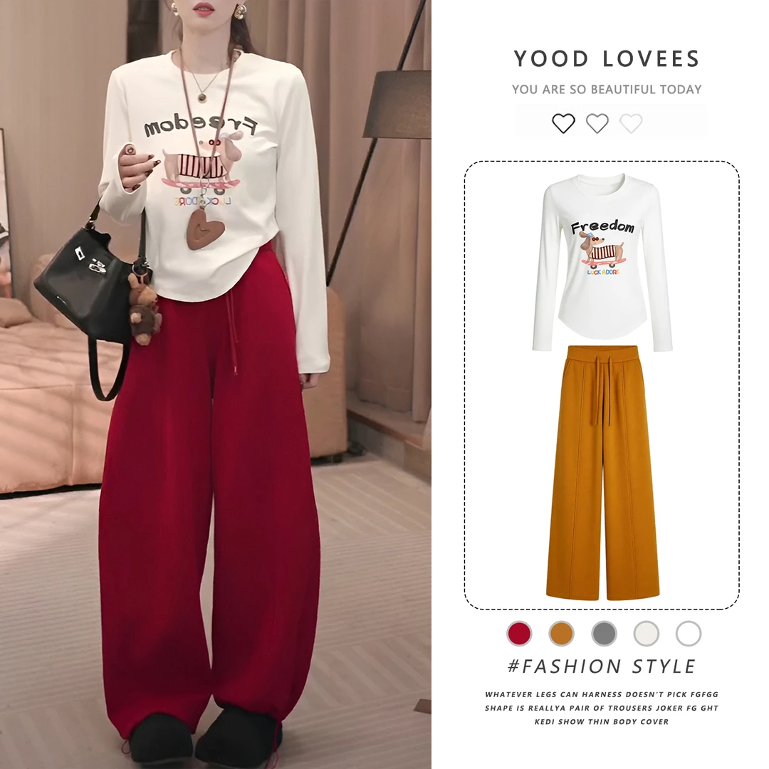 减龄休闲时尚套装女冬季2025新款印花圆领加厚长袖上衣直筒阔腿裤