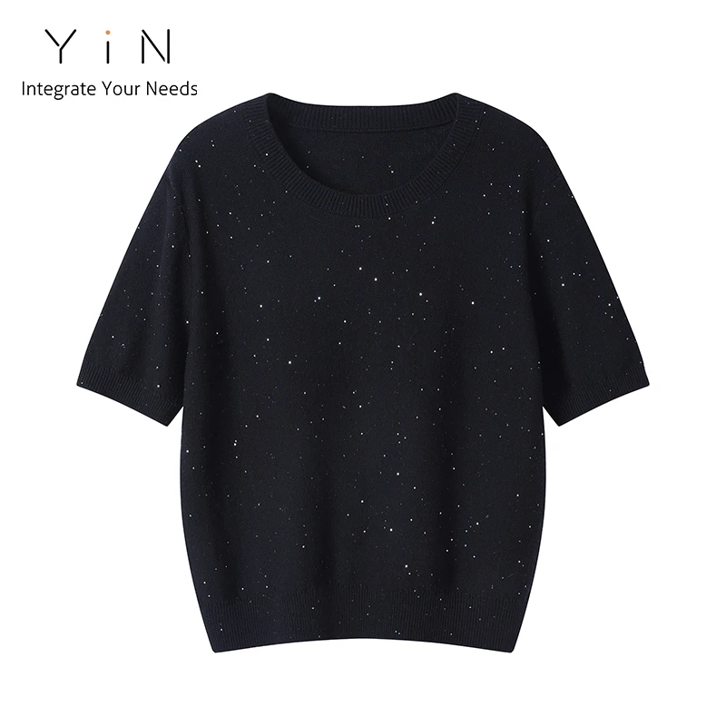 【叶可可专享】YiN 棉麻女款满天星珠光闪钻针织高级轻奢短袖26014