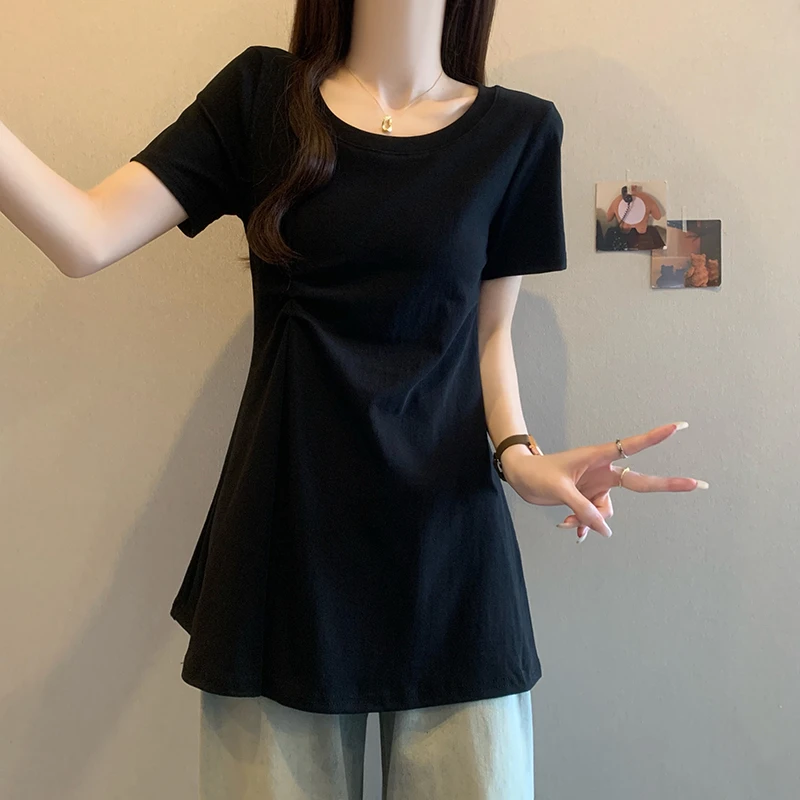 大码遮肚子褶皱中长款t恤打底衫女 2025夏季胖妹妹设计感显瘦上衣