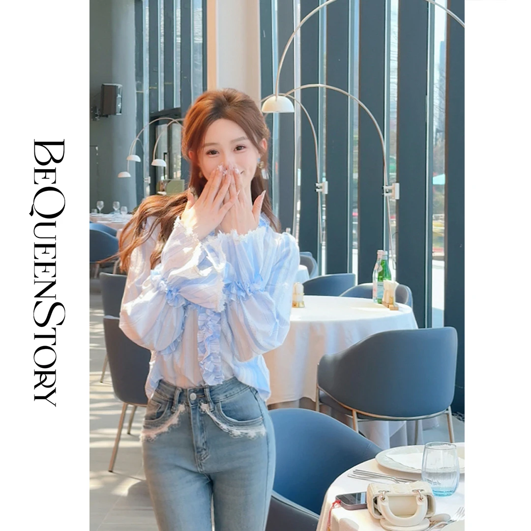 韩韩IU【珍珠海浪】设计感蓝白条纹木耳边宽松长袖衬衣2025新品