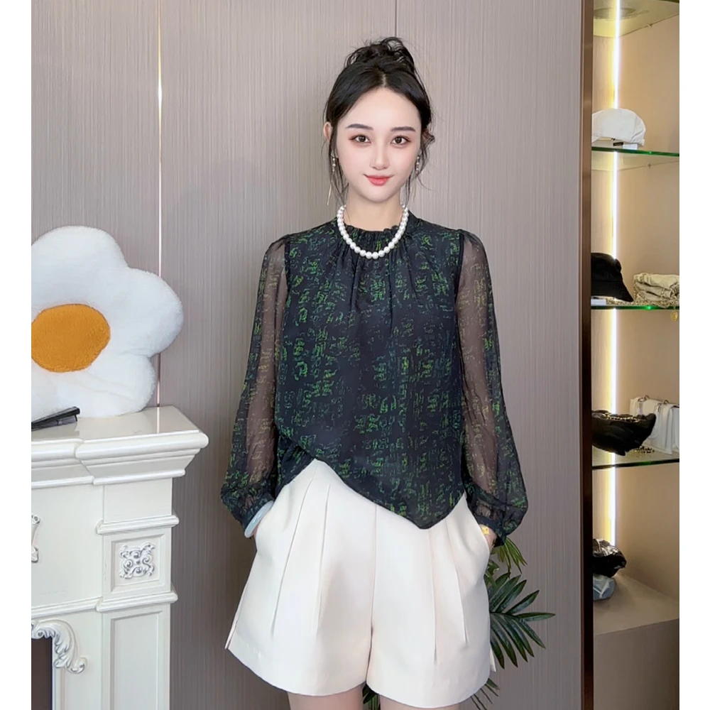 16姆米100桑蚕丝上衣拼接传统墨绿印花褶皱新中式真丝衬衣CY206