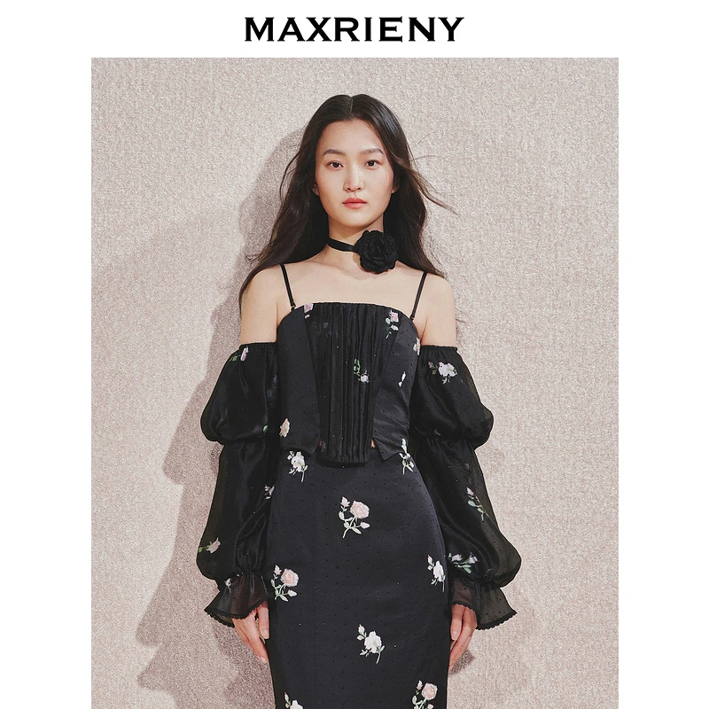 【蜜思仝】【商场同款】MAXRIENY收腰开衩少女浪漫蕾丝玫瑰珠饰上衣