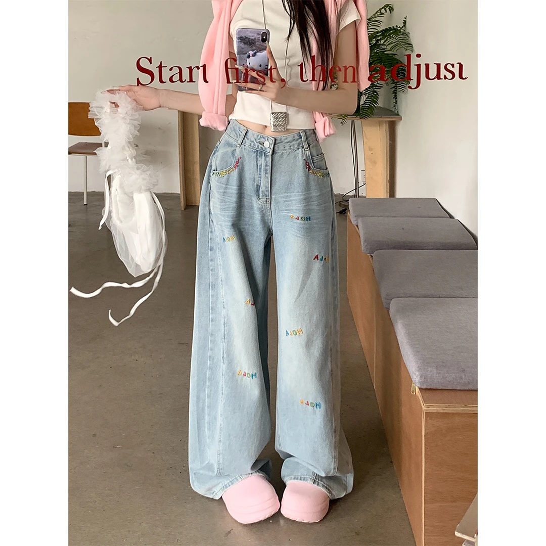 【现现专场】春夏新款字母刺绣窄版阔腿裤大码女装胖mm显瘦牛仔裤潮