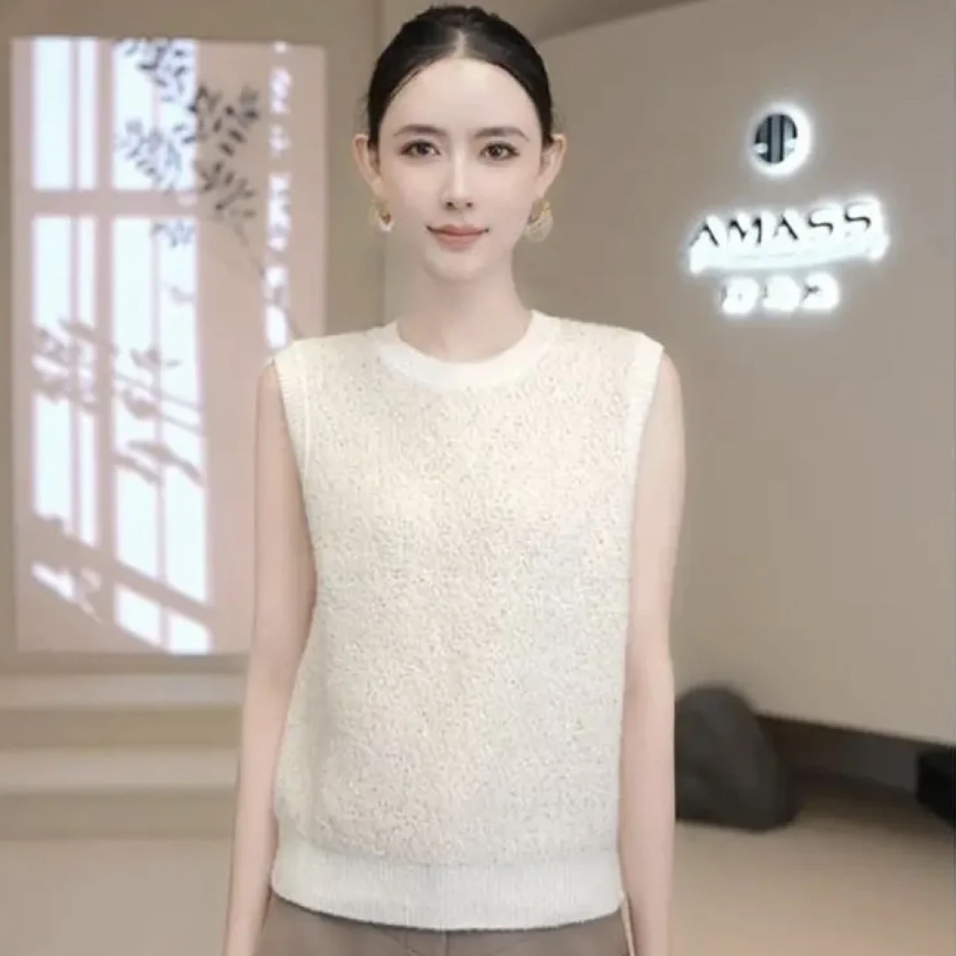 AMASS/阿玛施早秋新款时尚亮片气质休闲圆领镂空针织背心女538087