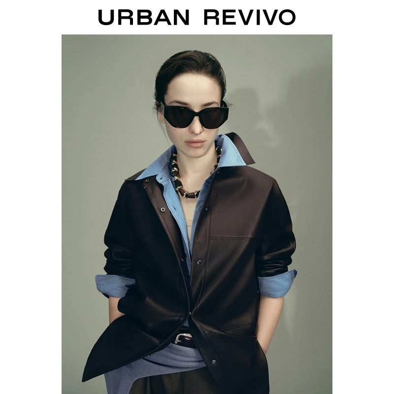【Urban都市系列】UR2026春季新款女装翻领暗扣皮衣UWU160004