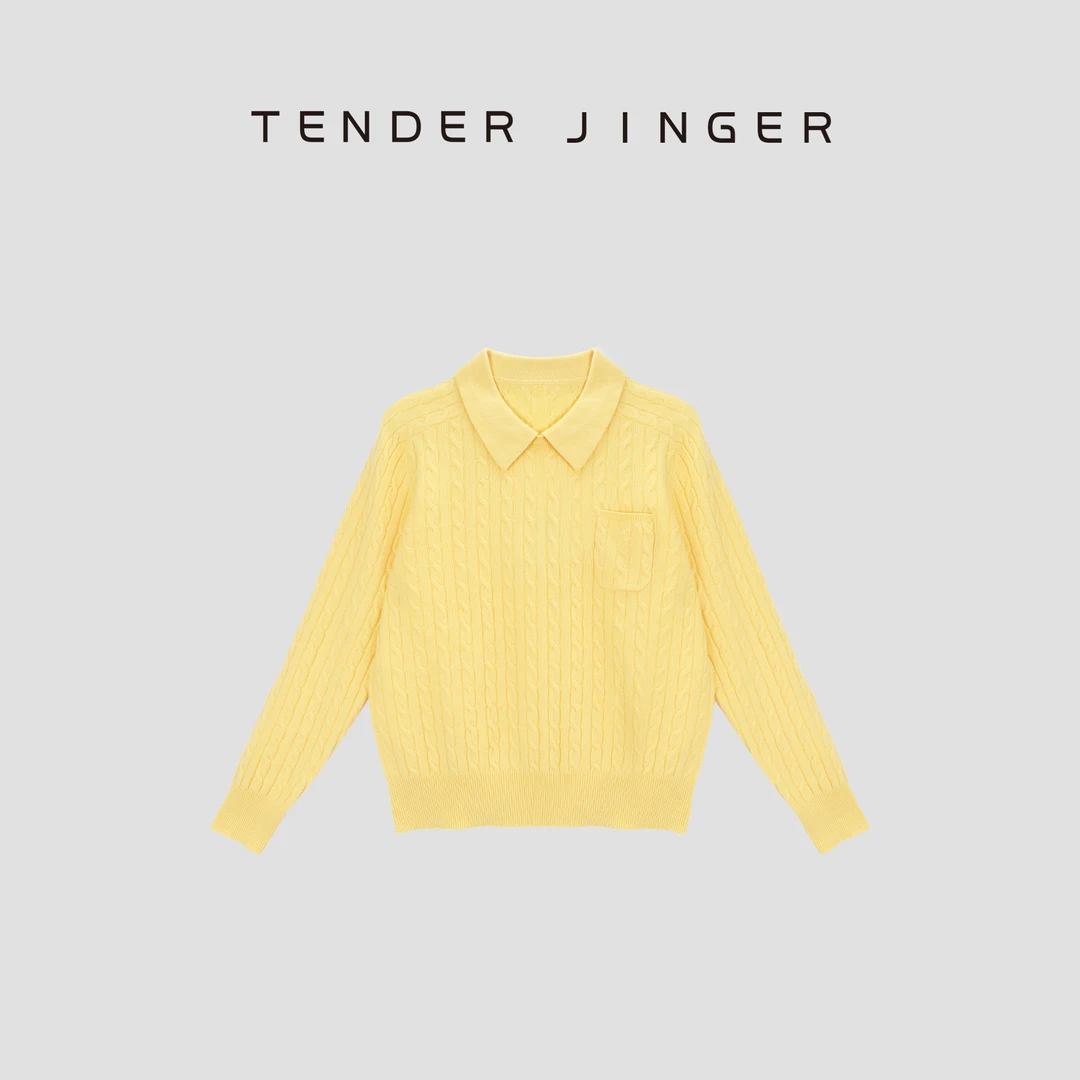 Tender Jinger【简单的少女感】翻领麻花羊毛针织上衣T53DWF41079