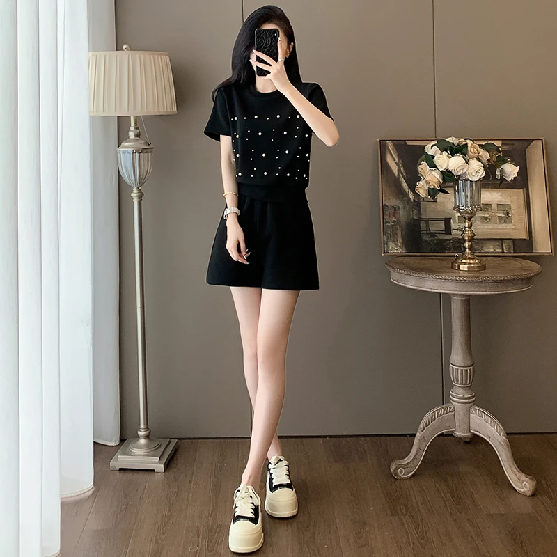 欧货轻奢休闲运动套装女2025夏季高端显瘦黑色短袖T恤短裤两件套