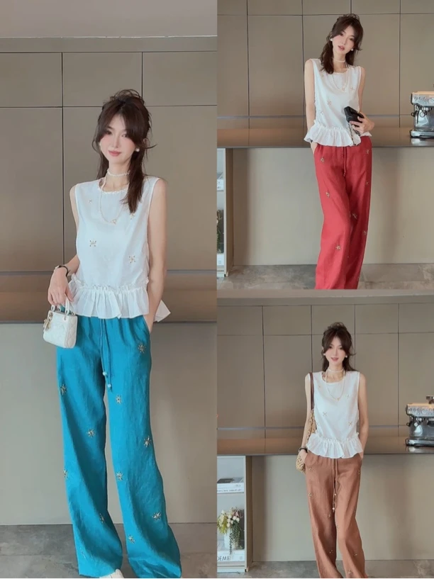 yiyiya.Guo艺艺吖【星芒雅麻】褶皱花边肤感透气减龄上衣裤2668SS52