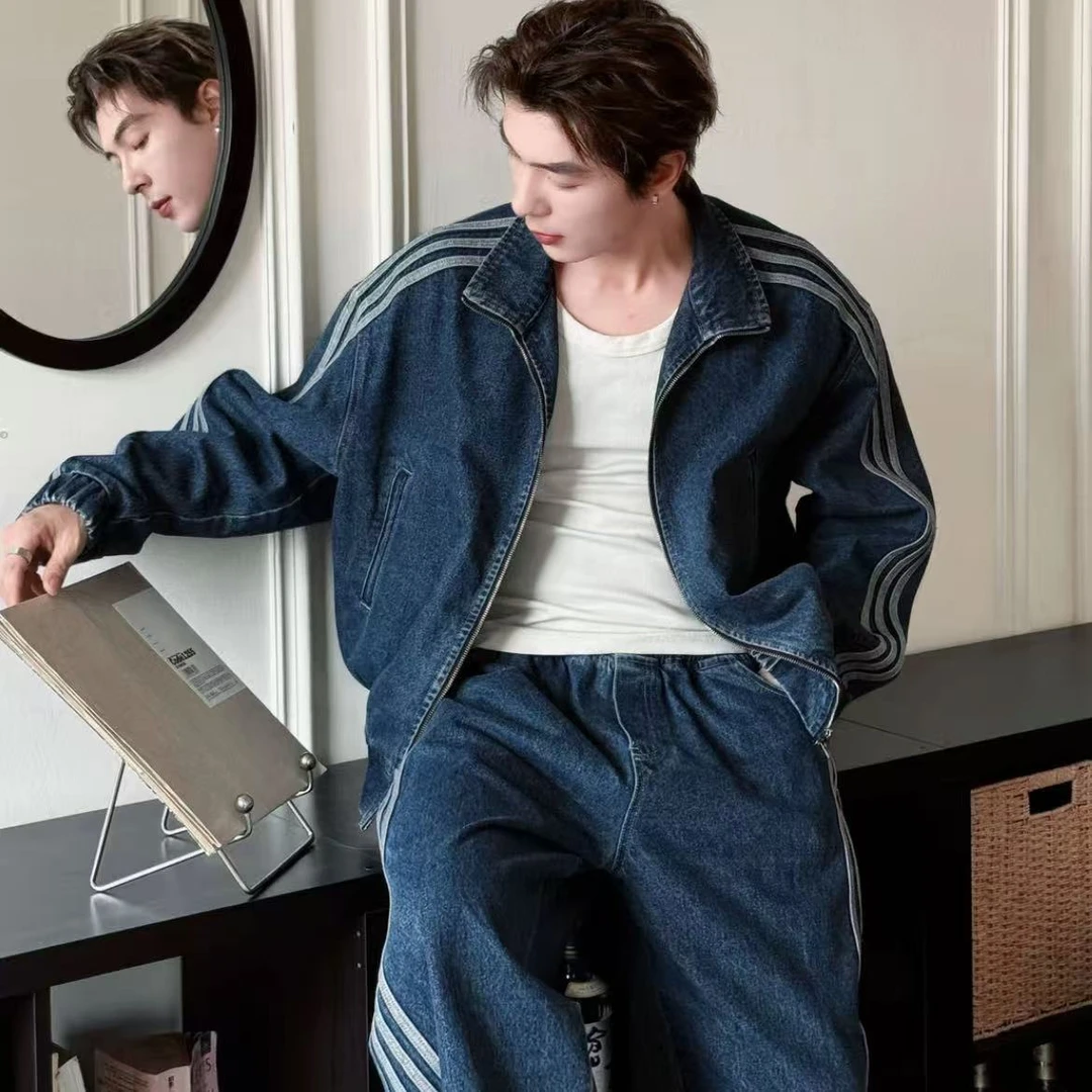 秋冬加厚潮牌牛仔套装男炸街高级感痞帅立领夹克外套阔腿裤两件套